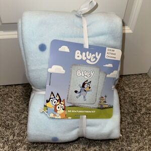 Bluey Blue White Stars Plush Fleece Blanket No Sew Throw Kit 48" X 60" DIY NEW